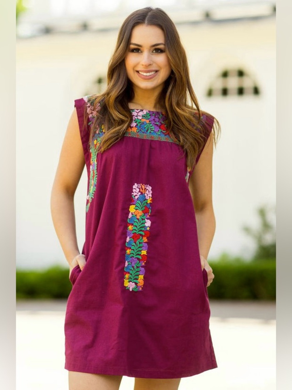 J MARIE S Bridget Dress • Rainbow Floral Embroidered Yoke Boho Mini Tunic Wine